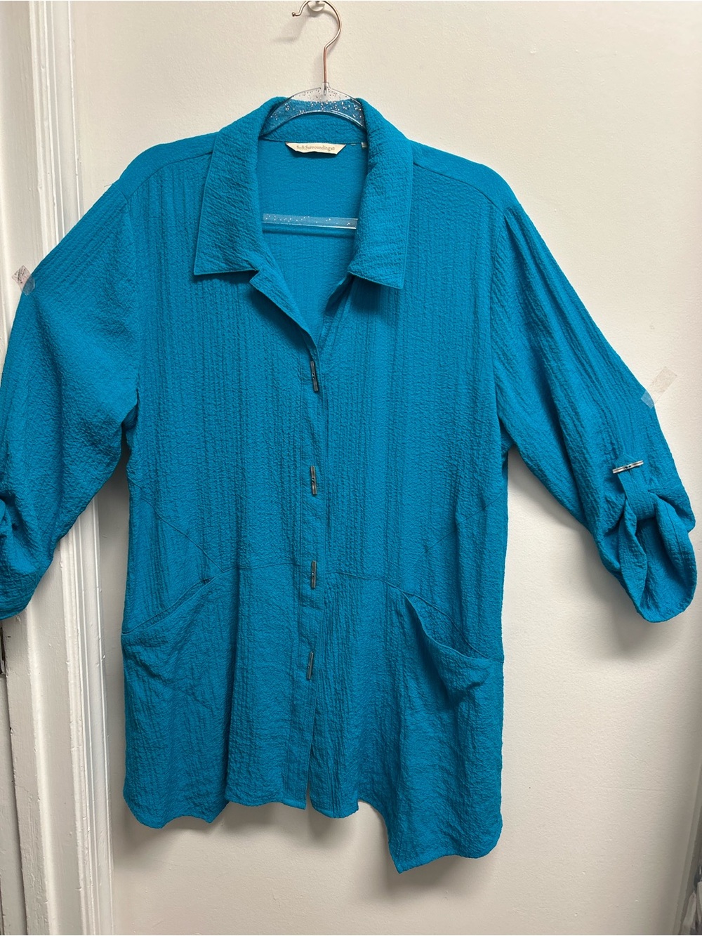 Turquoise crinkle Button-Front Women’s tunic Top - Lightweight Relaxed Fit